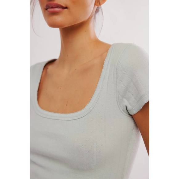 NEW FREE PEOPLE end game pointelle baby tee in pale aqua - Picture 2 of 3